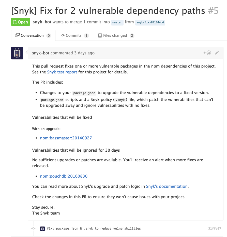 exemplo do synk GitHub